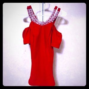 Red fancy cut off  shoulder Top